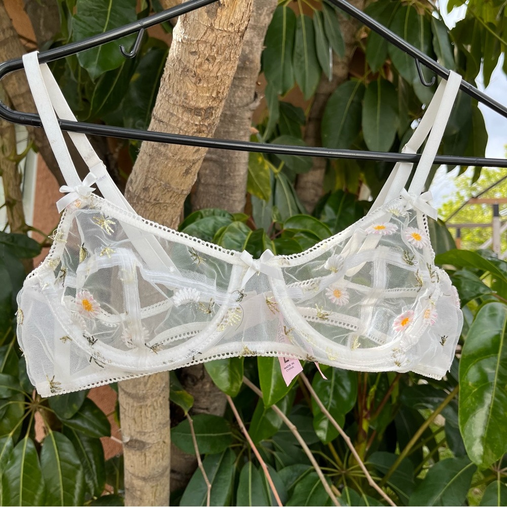 Dolls kill sugar thrillz white sheer mesh embroidered floral bra.